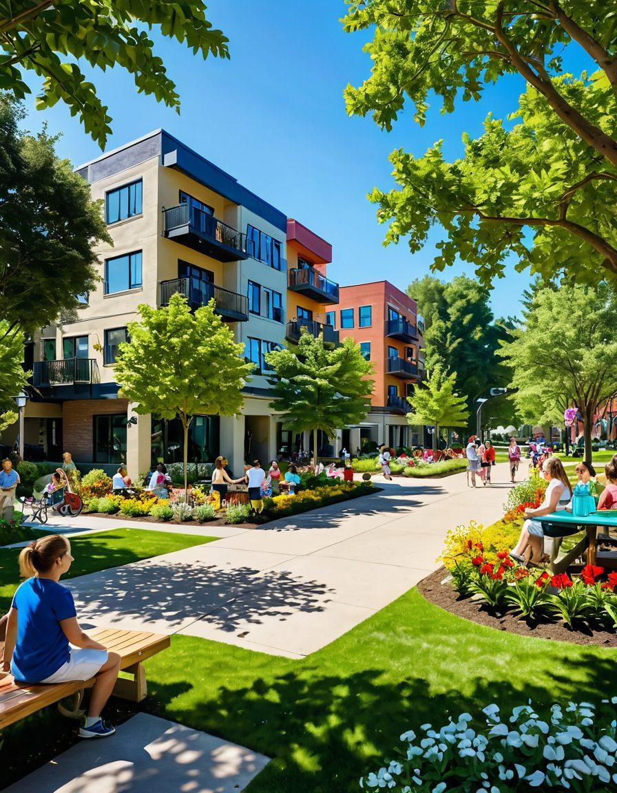 A lively community scene showcasing beautiful, well-maintained properties with lush greenery and colorful flowers. Happy residents of diverse backgrounds interacting in a sunlit park filled with children playing and families enjoying picnics. The buildings should have a modern yet inviting design, exuding a sense of comfort and joy. Bright blue skies and cheerful sunlight add to the vibrant atmosphere. super-realistic. vibrant colors.