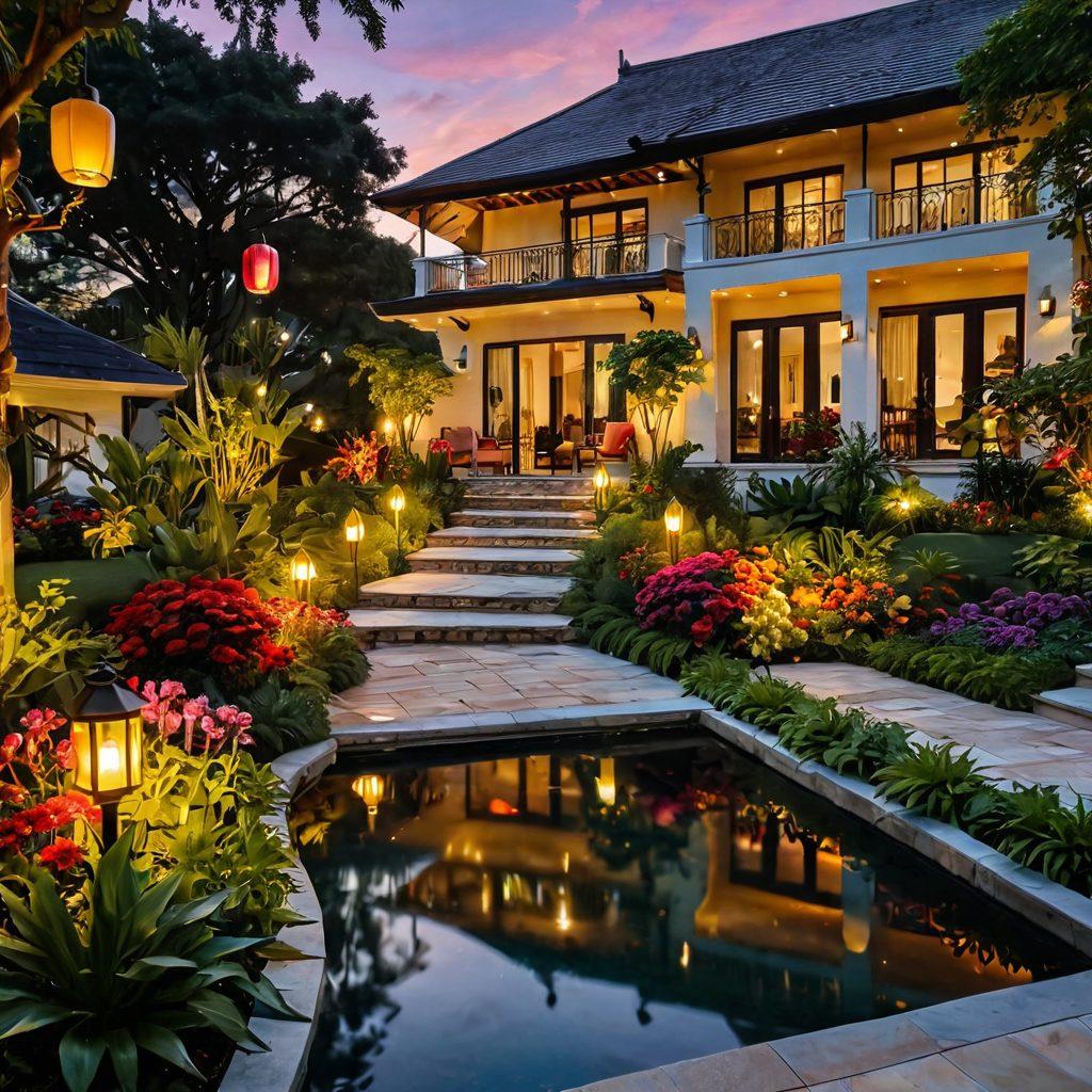 A stunning luxury home surrounded by lush greenery and vibrant flowers, showcasing a beautiful sunset in the background. Elegant architecture with large windows reflecting the golden hues of the sky, inviting warmth and joy. A pathway leading to the entrance adorned with colorful lanterns and a tranquil water feature. Families enjoying leisure time in the garden, encapsulating the essence of joyful living. super-realistic. vibrant colors.