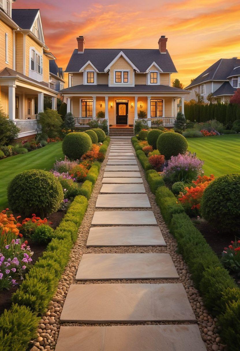 A stunning montage of diverse luxury homes, showcasing unique architectural styles from modern minimalist to classic Victorian. In the foreground, a welcoming pathway leads to a beautifully manicured garden, symbolizing the journey of homeownership. The sky is ablaze with a warm sunset, casting a golden glow on the estates, inviting viewers into a world of possibility and comfort. Soft textures and vibrant colors create an atmosphere of excitement and tranquility. super-realistic. vibrant colors. sunset backdrop.